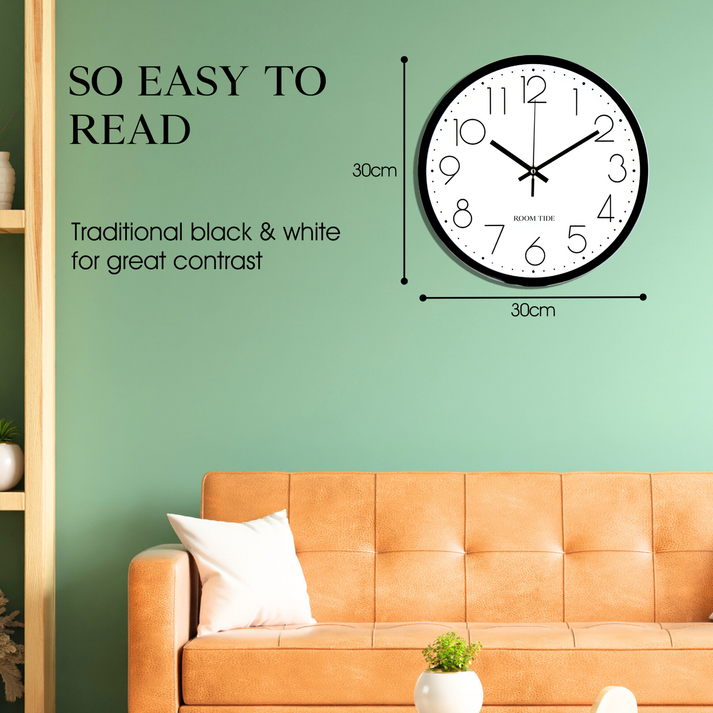 Room Tide Silent Wall Clock 12 inch Battery Operated Quartz Classic Design Easy to Read Wall Clocks for Living Room Decor Bedroom Home Kitchen Home Office School (Black) 30cm