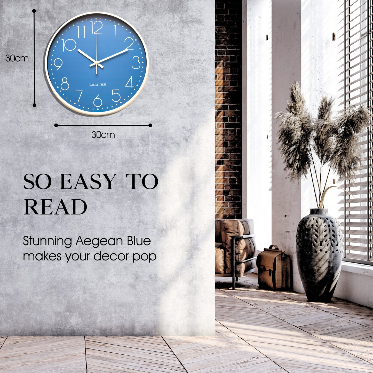 Room Tide Non-Ticking Silent Wall Clocks 12 Inch Battery Operated Quartz Classic Decor Clock Easy to Read for Bedroom Home Kitchen Room Office School (Aegean Blue)